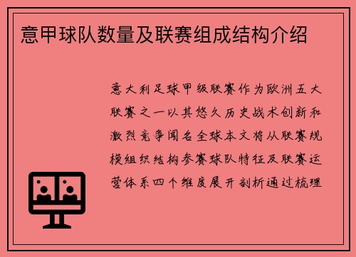 意甲球队数量及联赛组成结构介绍